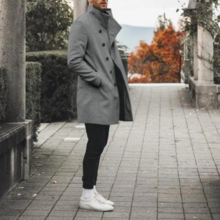 

Fashion Men Slim Woolen Coat Simple Stand Collar Single-Breasted European Black Jacket Cardigan Oversize Windbreaker 2021 Autumn