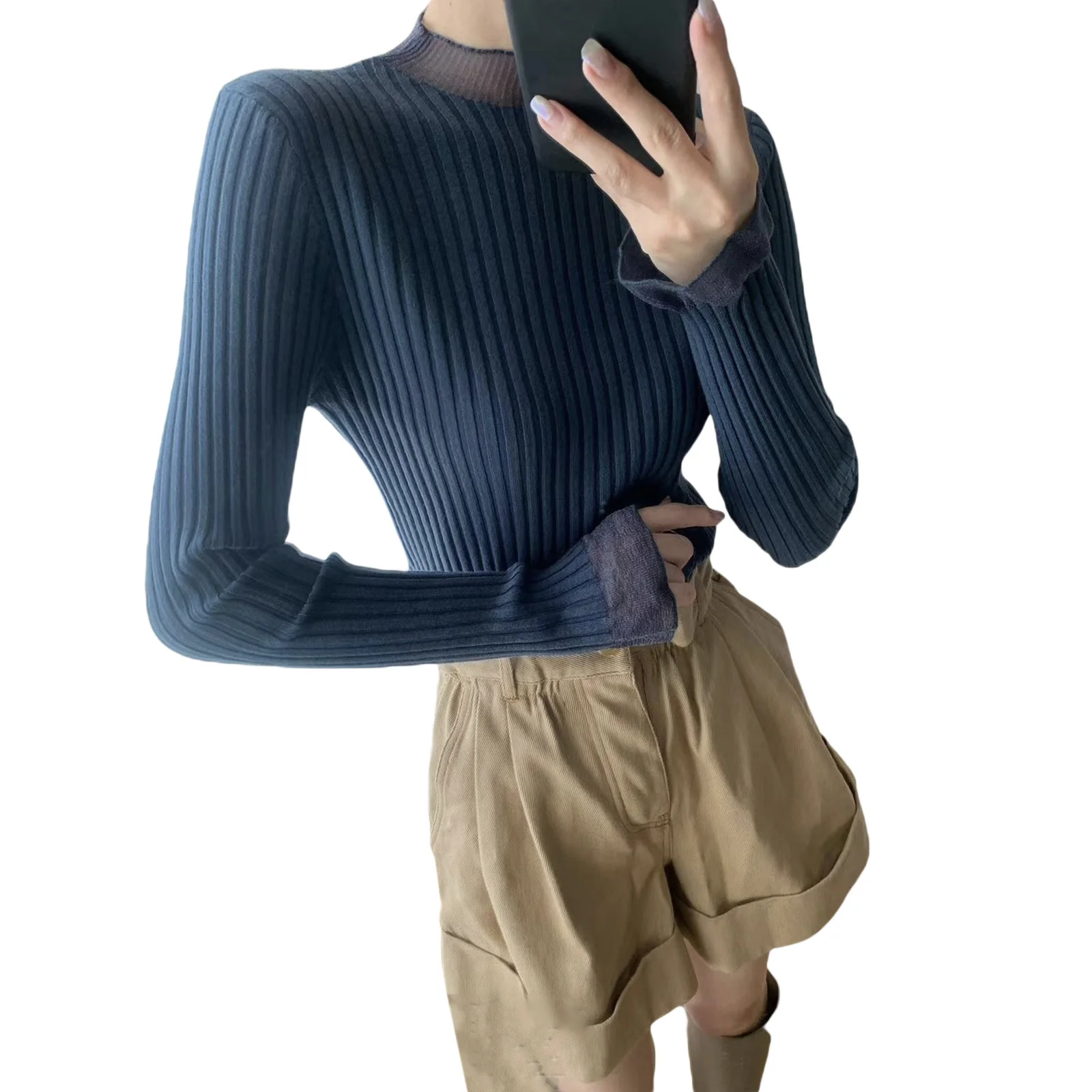 

Womens Half High Collar Long Sleeve Solid Color Top, Slim Fit Sweater Clothes, 6 Color