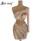 Сексуальное платье на одно плечо с блестками коктейльные платья 2021 светильник расшитый бисером цвета шампань Формальные вечерние изготовление размеров под заказ в африканском стиле халаты