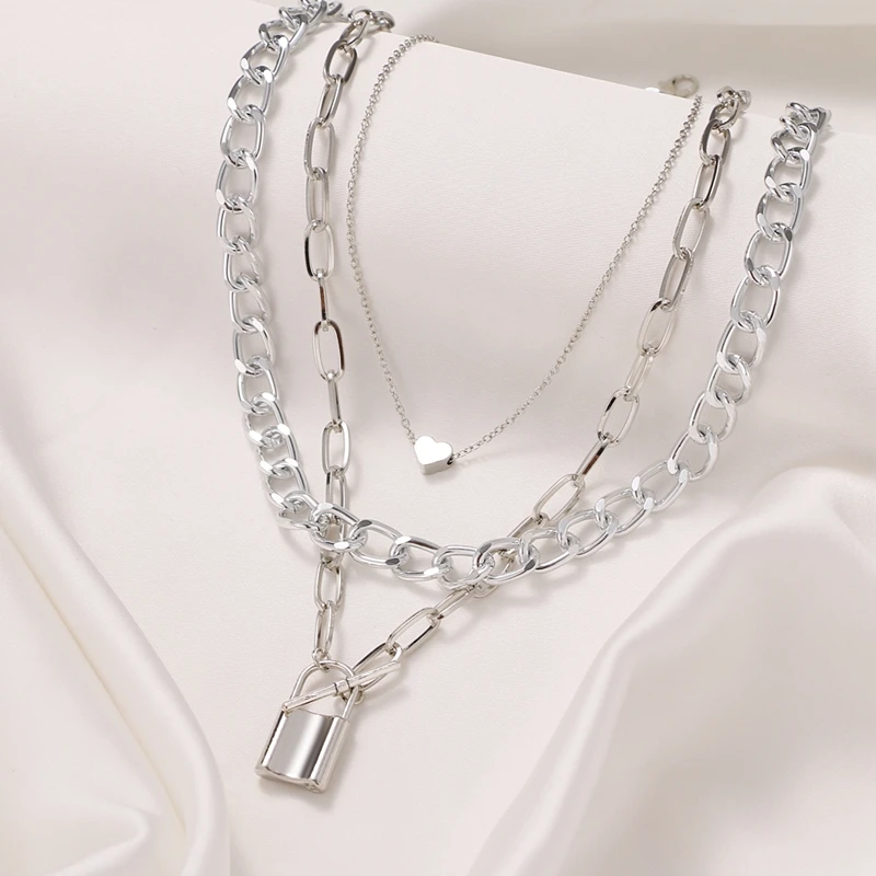 

KISS WIFE Vintage Multilayer Heart Lock Pendant Necklaces For Women Fashion Gold Silver Color Thick Chain Necklace 2021 Jewelry