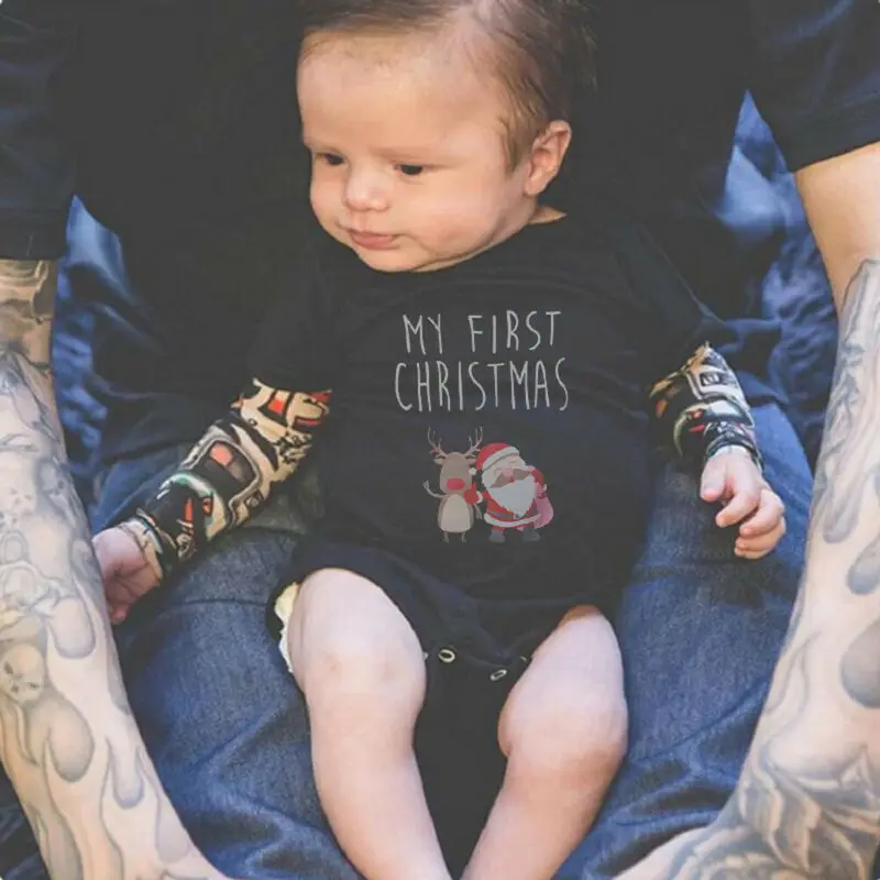 

2019 Xmas Toddler Baby Boy Girls Christmas Deer Santa Romper long sleeve black cotton Bodysuit Outfit Clothes