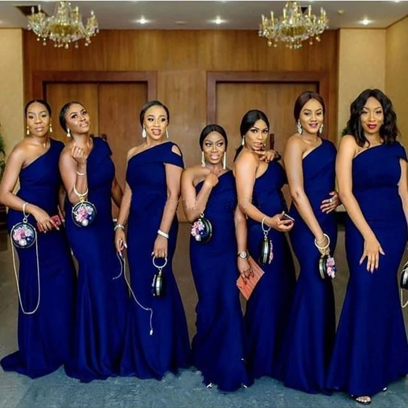 

Royal Blue One Shoulder Mermaid Bridesmaid Dresses Sweep Train Simple African Country Wedding Guest Gowns Maid Of Honor Dress