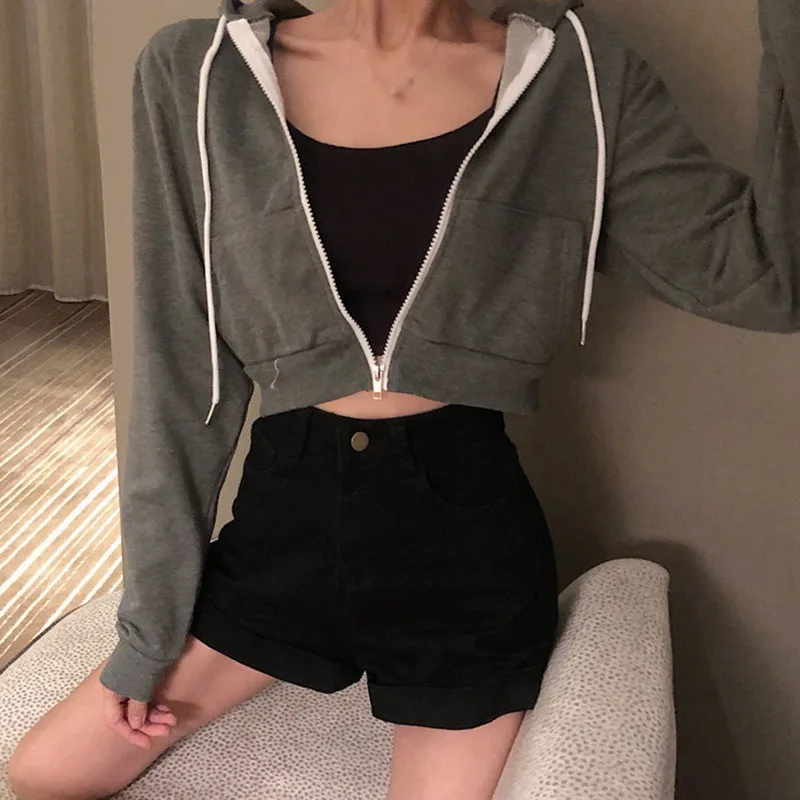 

New Korean Style All-match Zipper Short Casual Hooded Jacket Thin Women