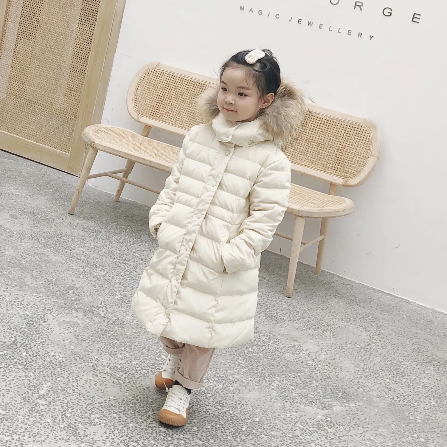 

Mid-length girl's solid color down jacket winter white duck down girl's warm down jacket