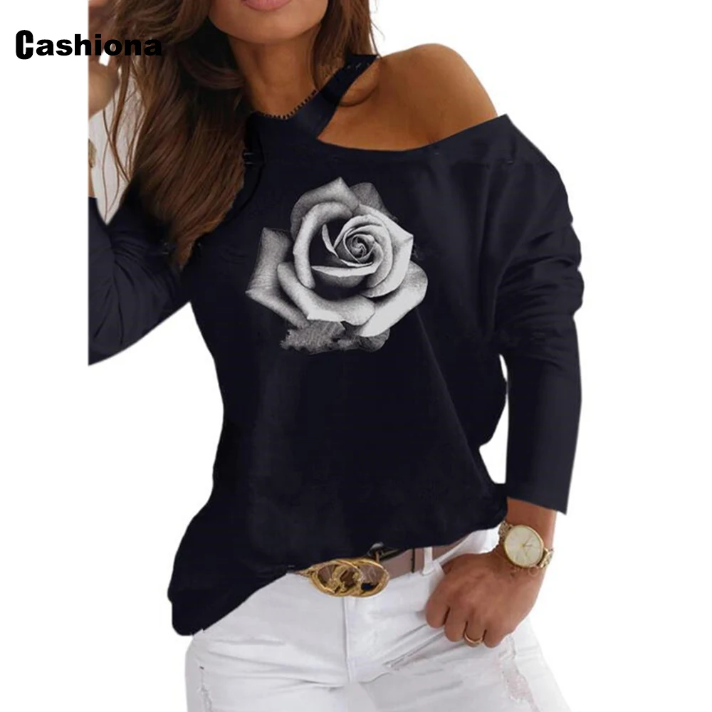 

2021 New Fashion Flower Print Tops Plus Size Women Long Sleeve Asymmetrical Collar T-Shirt Casual Loose Tees Shirt Femme 3XL