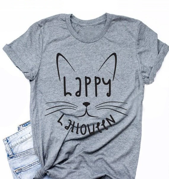 

Happy halloween pumpkin spice t-shirt cat funny graphic women fashion causal shirt kawaii cute holiday gift top tumblr tees K849