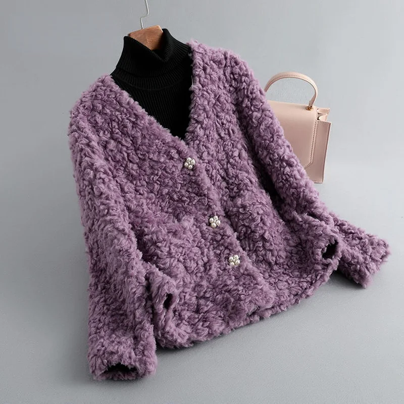 2022 Genuine Wool Soft Winter Jackets Purple V Neck Single Breasted Jackets Real Shearing Sheep Fur Coats Winter Coats X869