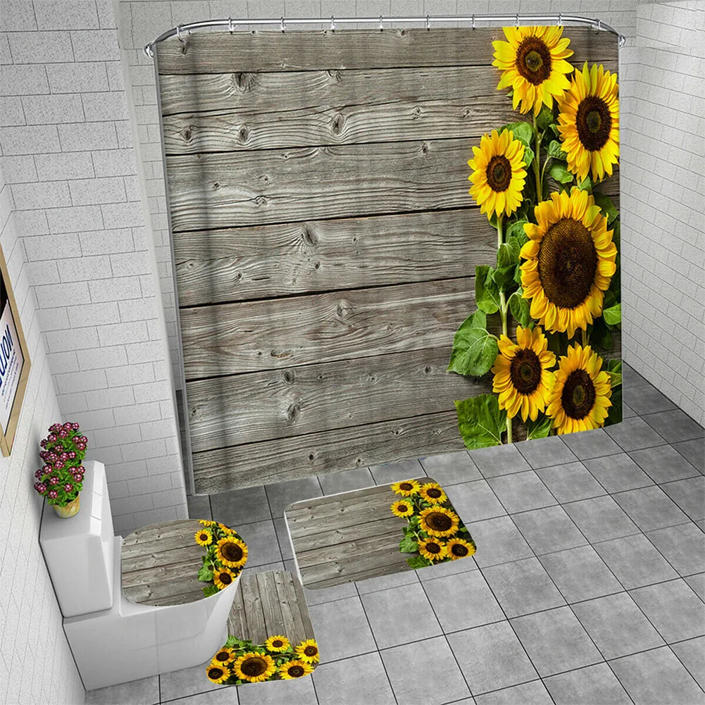 

4pcs Sunflower Print Shower Curtain Set Home Decor With Hooks Bath Mat Dorm Hotel Toilet Lid Cover Rugs Non Slip Soft Bathroom