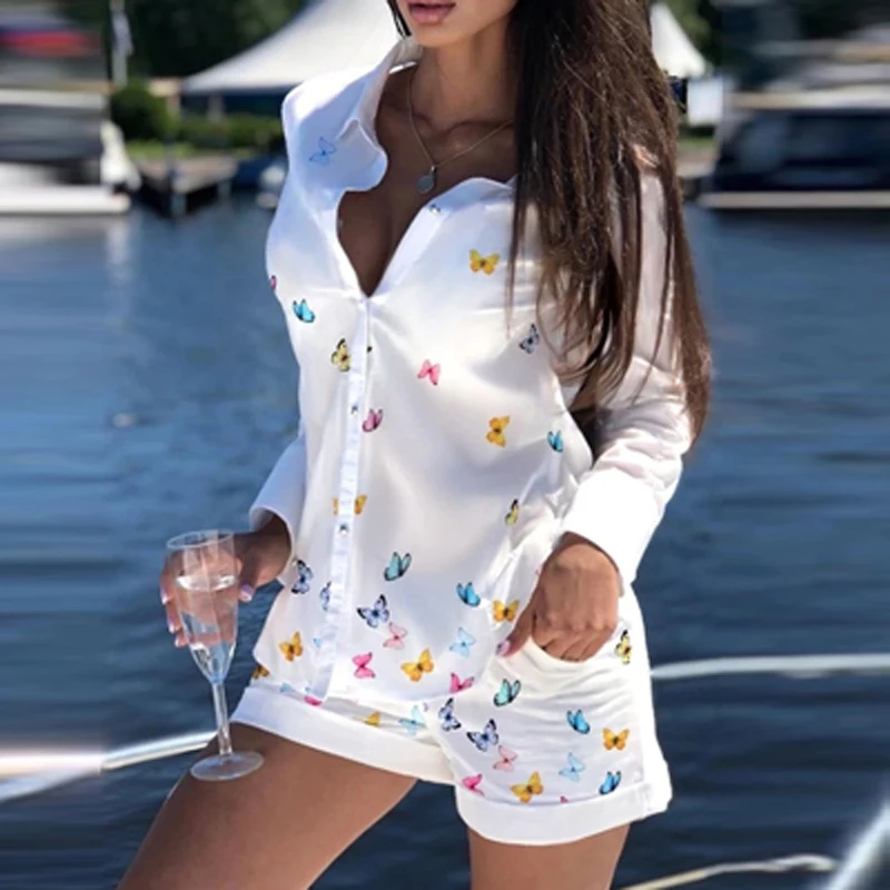

Summer New Casual Long Sleeve Two Piece Set Vintage Chic Print Button Lapel Shirt+Pocket Shorts Women Suit Autumn Loose Outfits