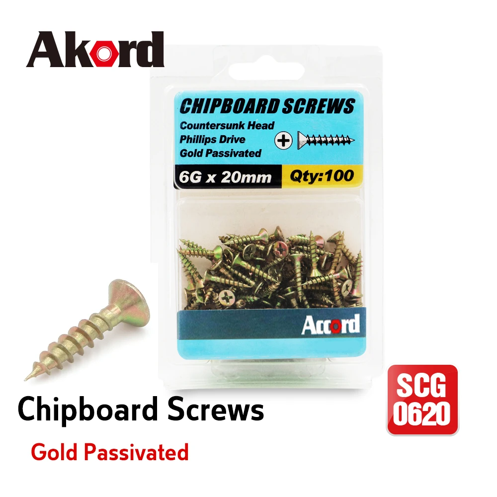 

ACCORD M3.5 Screws 20MM 100pcs FOR Chipboard Wood Phillips Drive Flat Countersunk Head Steel Gold Passivated Fasteners