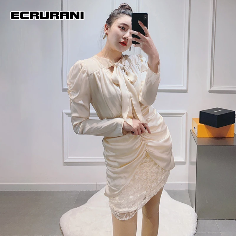

ECRURANI Temperament Dress For Women Bowknot Long Sleeve High Waist Tunic Soild Elegant Dresses Female Summer Clothing 2021 Tide