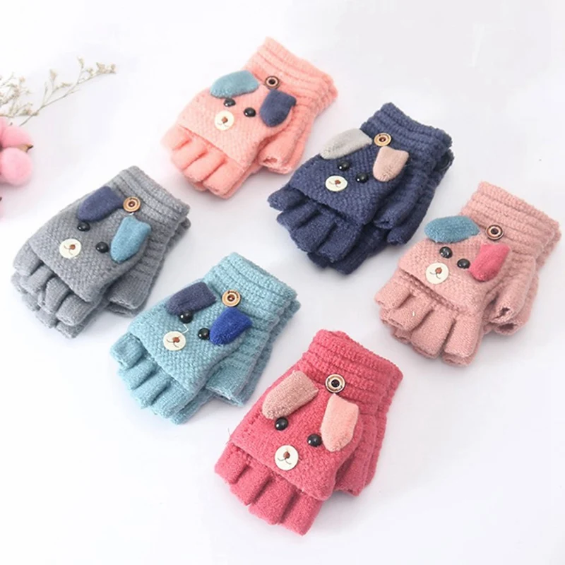 

6-12Y Cute Cartoon Dog Baby Gloves Winter Knitted Wool Mittens Thicke Warm Full Rope Gloves for Boys Girls Christmas Gift