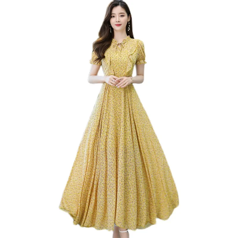 

2021 Summer New Bohemian Party Dres Short-sleeved Chiffon Floral Dress Female Mid-length Slim Waist Long Skirt