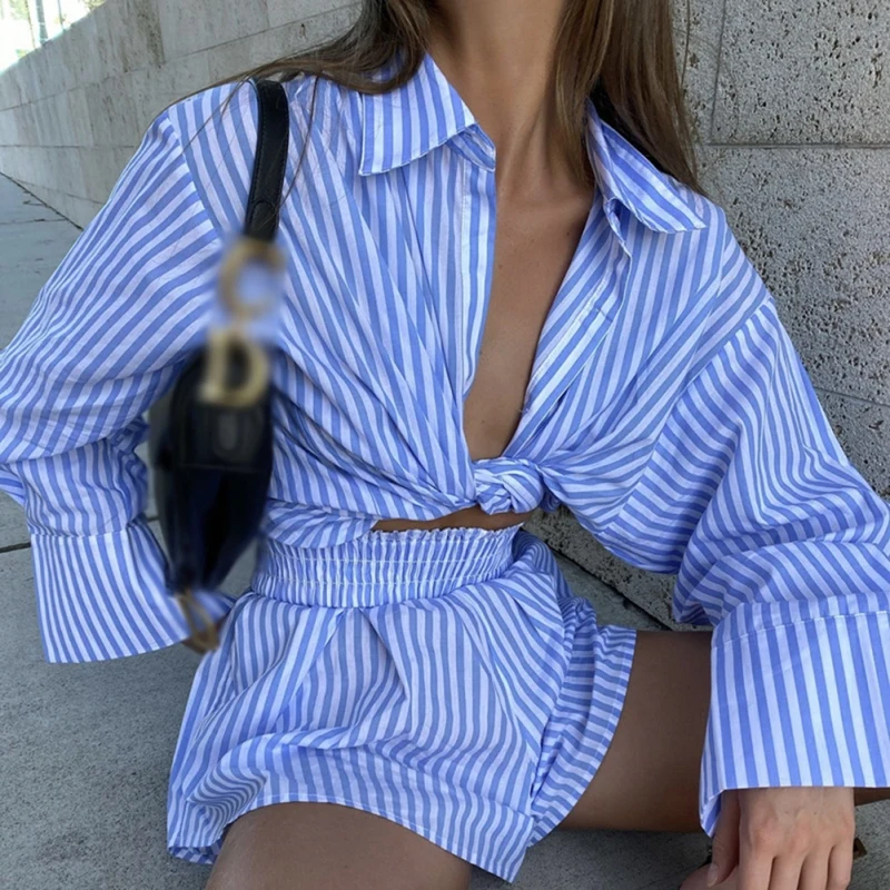 

Womens 2 Piece Shorts Sets Stripe Shirts Loose Long Sleeve Shorts Loungewear For Women Fashion Suits