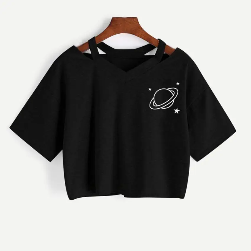 

Sexy V-neck tops Harajuku Casual Planet Printed Girls Short Sleeve Top Crop T-Shirt summer tops for women Korean Black gothic