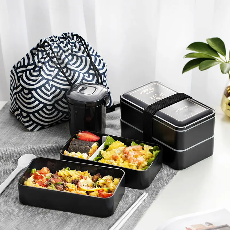

High Quality New Double Layer Black Lunch Box with Chopsticks and Spoon,Can Microwave Oven Heating 1.2L Large Capacity Food Box