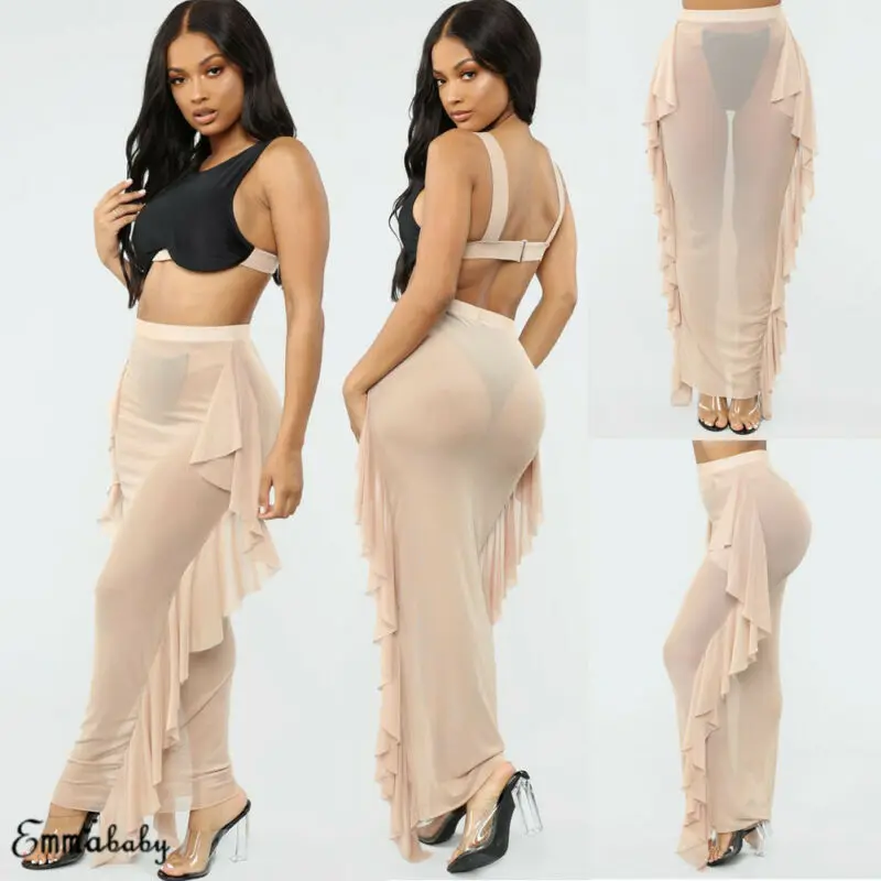 Women Package Hip Skirts Sexy Mesh Side Ruffles High Waist Bikini Cover Up Sheer Beach Long See-through Chiffon Swim Wear | Женская
