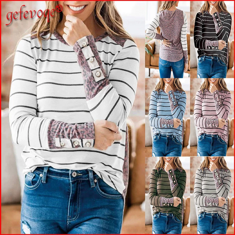 

Striped Leopard Print Patchwork Loose T Shirt Women Casual O Neck Long Sleeve Basic Tee Shirt Plus Size Top Female Clothing 2022