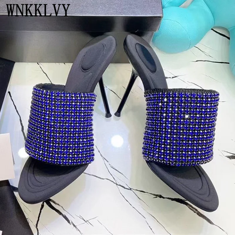 

Woman praty banquet sandals fashion all-match peep toe high heels summer rhinestone decor dress shoes 2021 glittery slippers