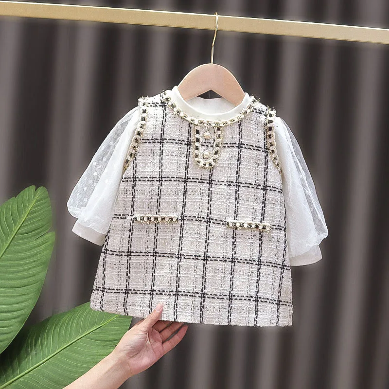 

Autumn Kids Infant Lace Matching Plaid Long Sleeve Dress for Baby Girls Advanced Dress Newborn Clothes Children's Princess Dress