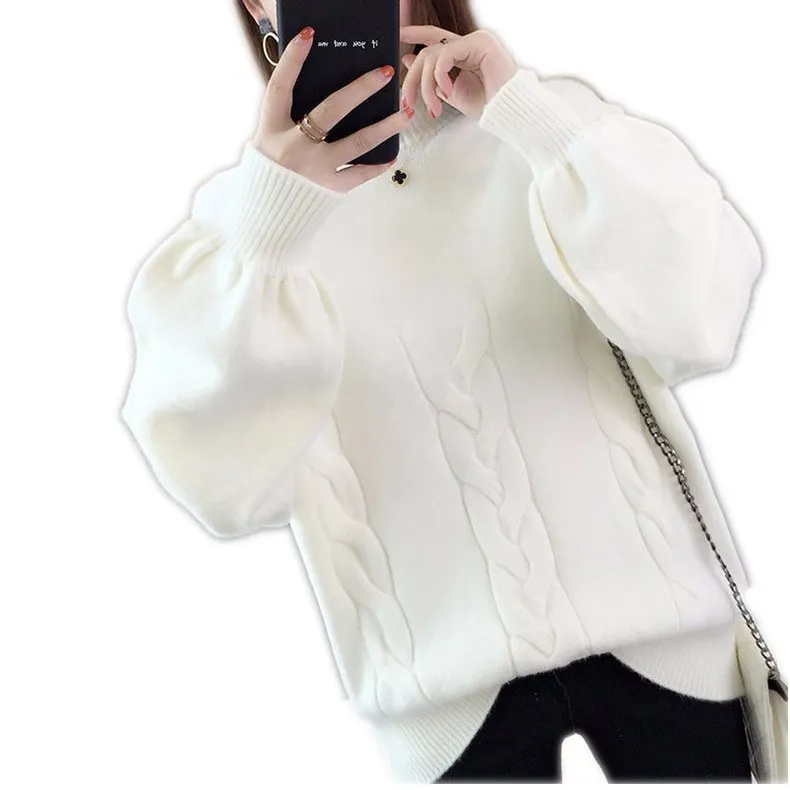 0.6 New Arrival Thick Winter Knitted Women Sweater Pink Half Turtleneck Solid Color Loose Pullover Korea | Женская одежда
