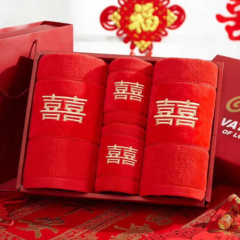 Роскошное красное свадебное банное полотенце Подарочная коробка 4 комплекта