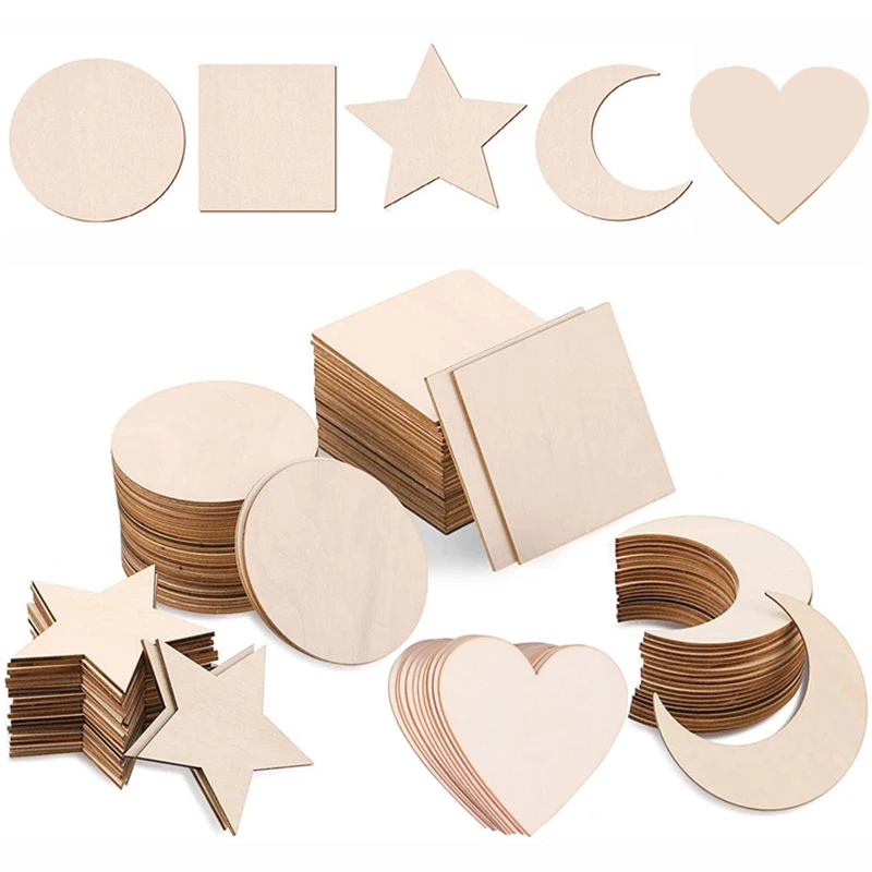 

50pcs 4 Inch Unfinished Wood Pieces Blank Wooden chips Square Circle Star Moon Shape Wood Slices for DIY Art Crafts Decoration