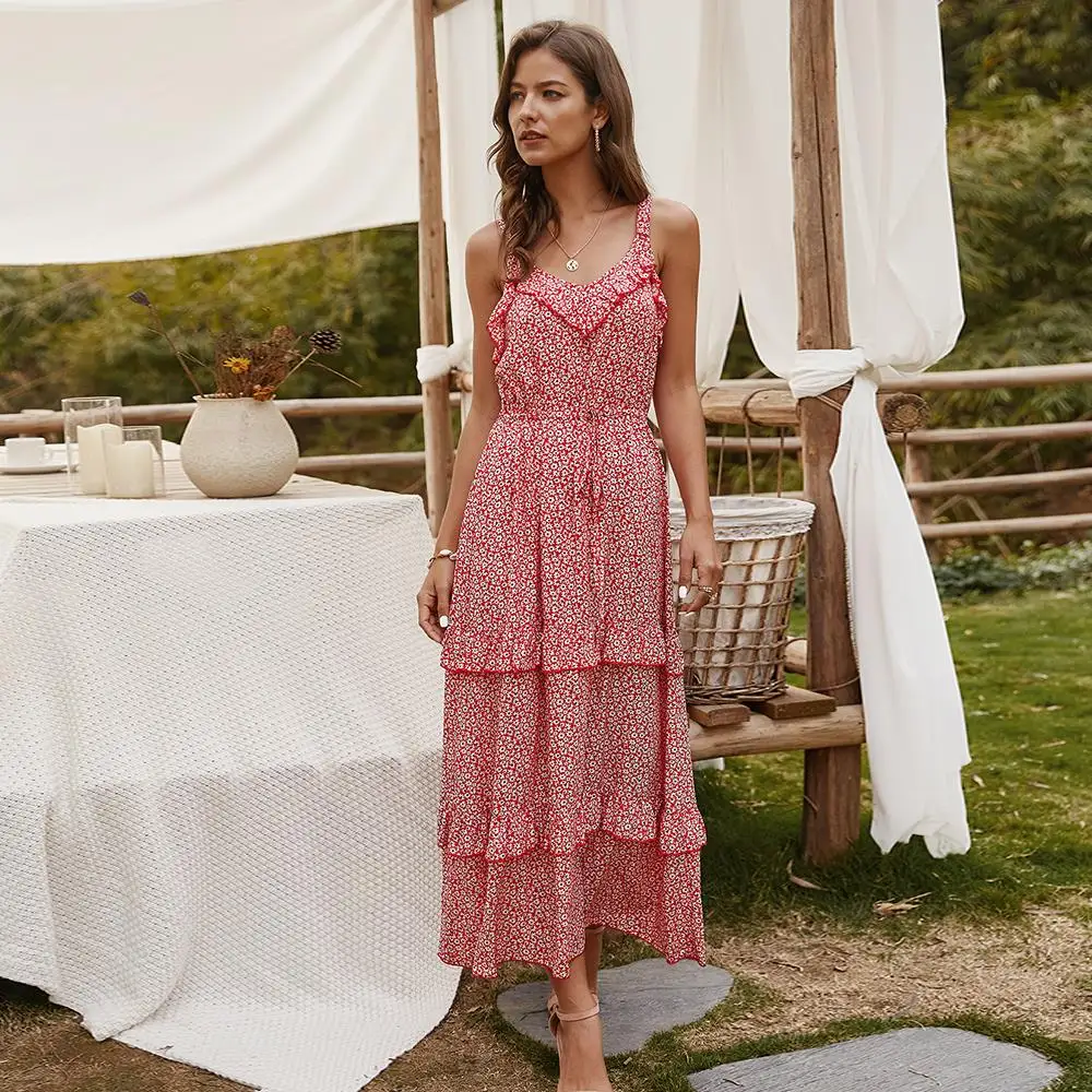 

Summer Sexy Women's Floral A-line Spaghetti Strap Dress 2021 New Temperament Ruffles V-neck High Waist Mid-calf Ladies Dress