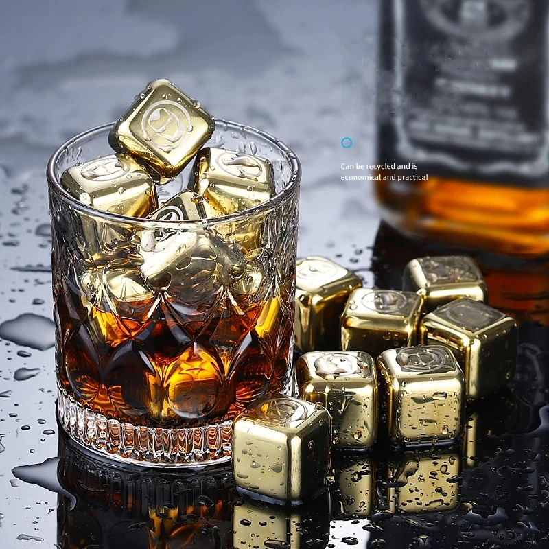 

Reusable Whiskey Stones Ice Cubes Chilling Rocks whisky cooler whiskey ice bucket champagne beer cooler Golden stainless steel