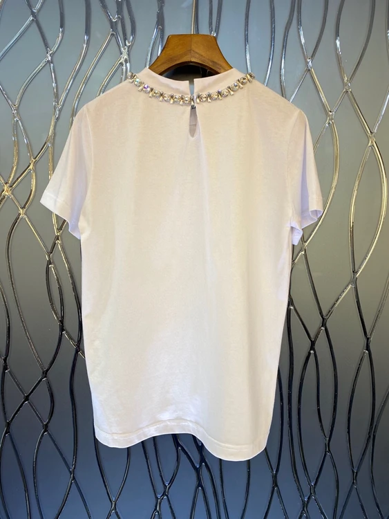 

2021 Early Spring New Women's Fashion Neckline Diamond Stitching Decoration Short Sleeve All-match Top 301
