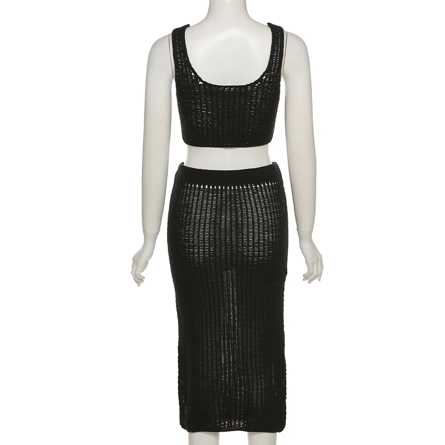 

Women New Skinny Tank Top+Skirts Clubwear Vacation Slim Outfits 2021 Casual Street Fashion Sexy Knit Hole Elastic Two Piece Set