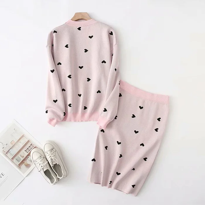 korea chic heart pattern knitted suit women skirt set autumn winter knitted suit 2 piece set sweet top and skirt