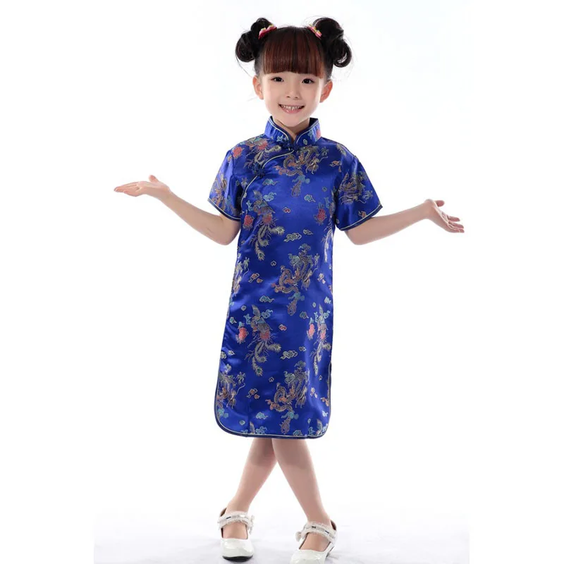 Blue dress Детские винтажные восточные китайские традиционные костюмы для девочек с вышивкой дракона, атласные шелковые платья для девочек - Цвет: Blue dress