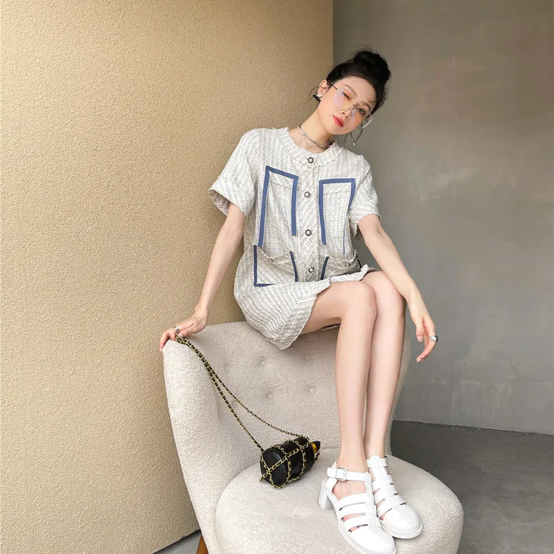 

Korejepo Women Shirt Dress 2021 Summer New Elegant Plaid Contrast Color O-neck Single Breasted Straight Mini Dress Office Lady