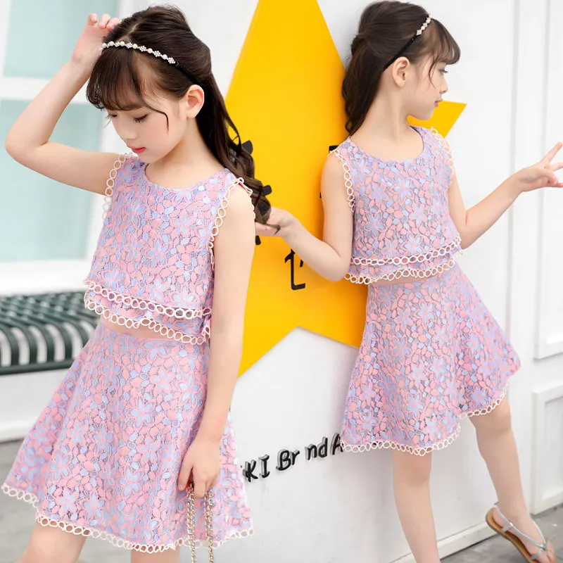 Элегантный дизайн модные детские кружевные платья для девочек 2 в 1 летняя одежда