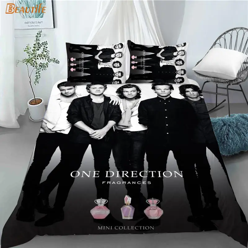 Juego de ropa de cama con estampado 3D de One Direction, funda de edred&oacute;n con funda de almohada para chico y hogar, 180x200cm, 180x220cm-1