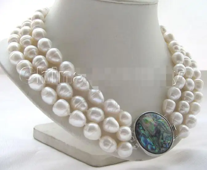 

P3598- 3row 17-19"9-10mm white baroque freshwater pearl necklace -abalone shell