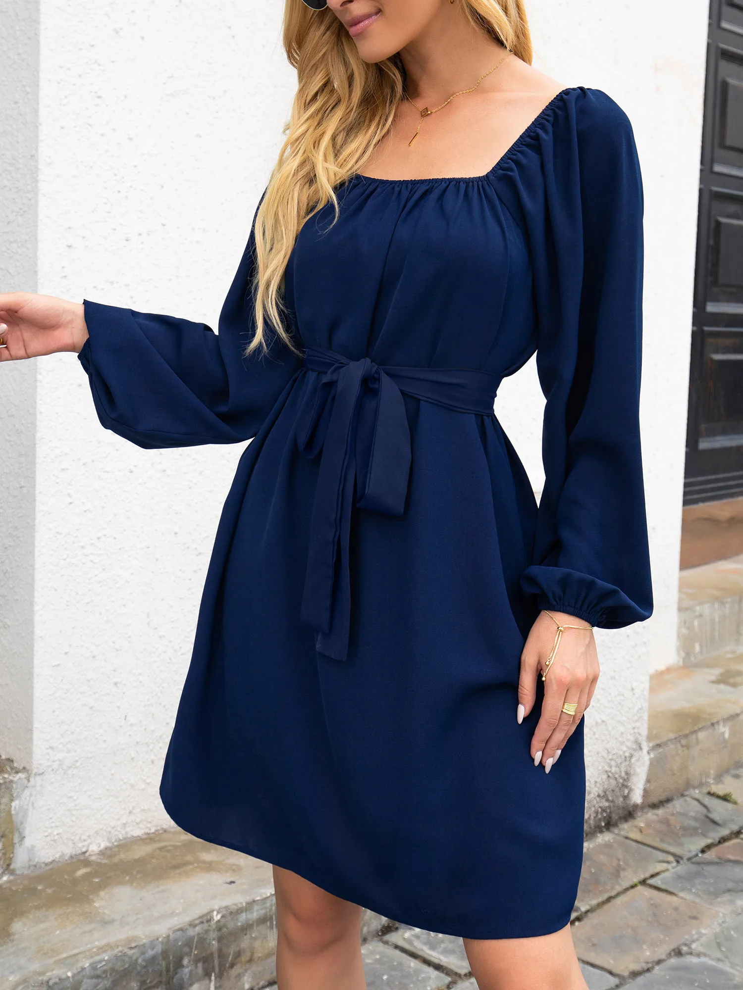

Square Neck Solid Color Mini Dress for Women Autumn Spring Casual Long Sleeve Tie Up Backless Streetwear Dress Vestidos feminino