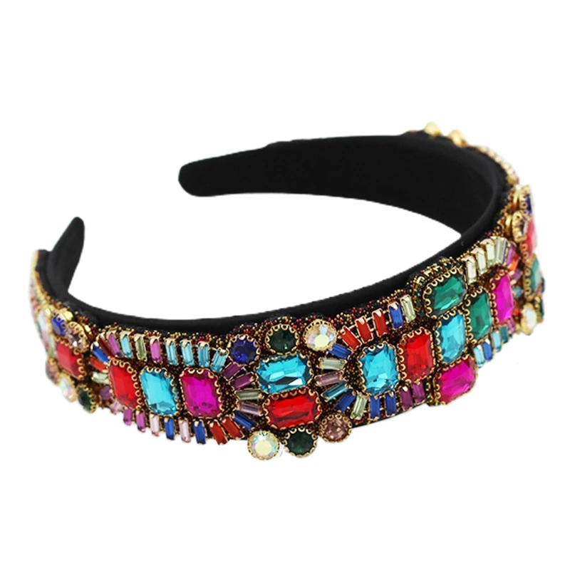 

Multicolored Geometry Rhinestone Headband Baroque Vintage Jewelry Wide Hair Hoop