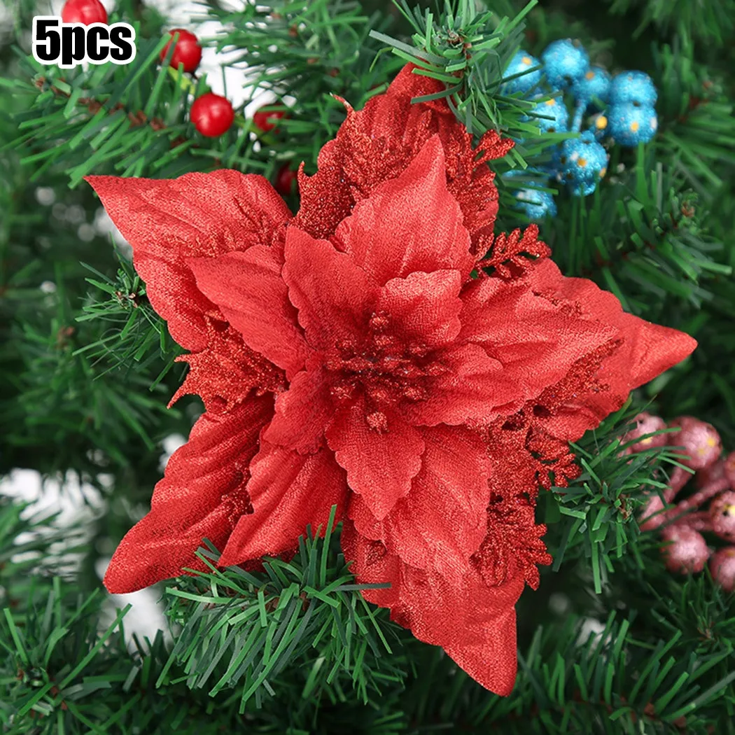 

Tree Christmas Flowers Xmas 18cm 5pcs Christmas Flower Glitter Hanging