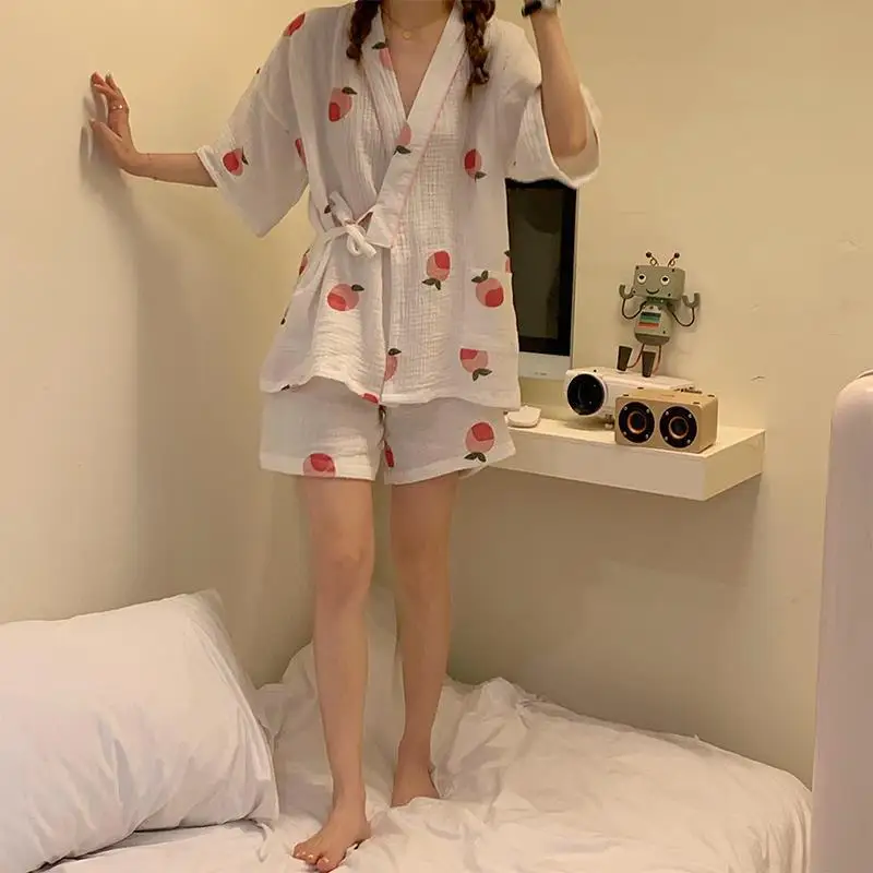 Kimono Women Cotton Pijamas Set 2 Pieces Pajamas Girl Pink Floral Bud Print Pyjama Summer 2021 White Sleepwear Vintage Nightwear