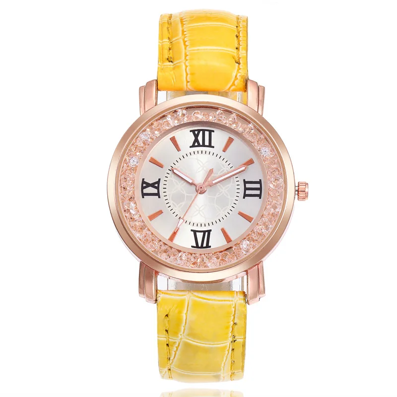 Роскошные женские часы с бриллиантами кожаные кварцевые римские цифры