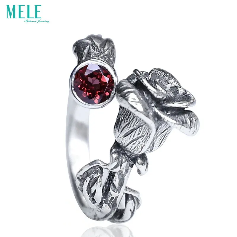 

Natural Garnet Rose Ring for Women Chinese Retro Classical Style Silver 925 Jewelry Adjustable Stereoscopic Engraving Glitterin