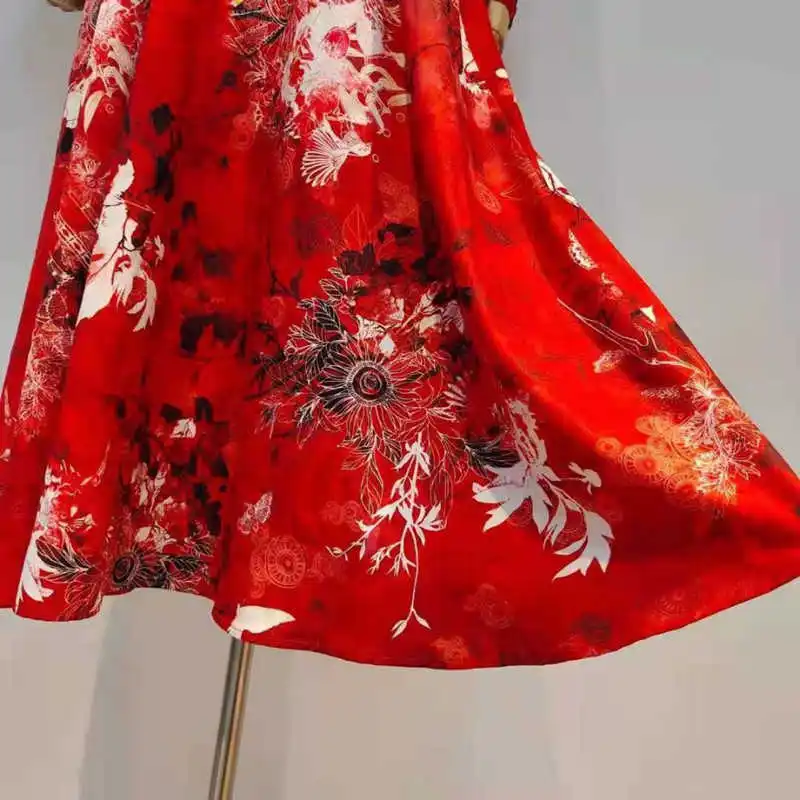 

DEAT 2021 New Women Fashion Red Turtleneck Long Sleeve Zipper Patchwork Printing Folds High Waist Dress Summer And Autumn 7E118