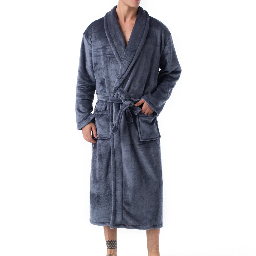 

Winter Thick Warm Female Flannel Kimono Robe Lovers Couple Women Men Nightgown Bath Gown Sleepwear Large Long Nightwear Blue Xxl