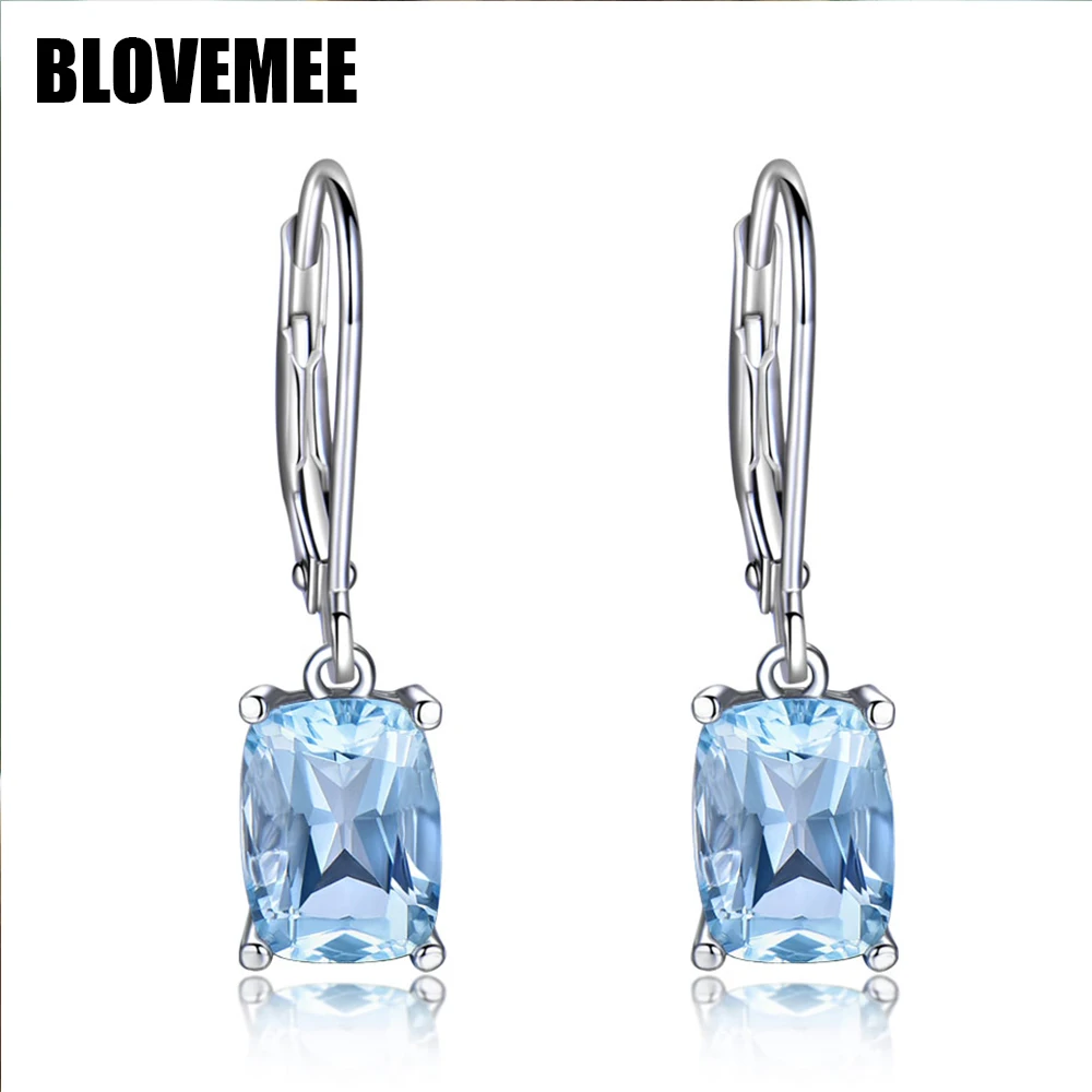 

Drop Earrings For Women Solid 925 Sterling Silver Blue Topaz Gemstone Earings Hanging Dangle Ear cuffs Wedding Fine Jewelry