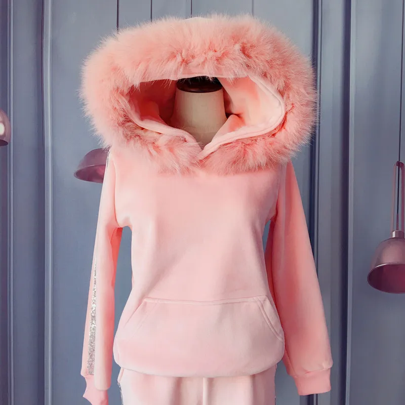 

Women's Suit 2020 Spring New Plus Velvet Fashion Hooded Fur Collar Sweater + Trousers Large Size 3xl Two Sets Of Tide Pullover