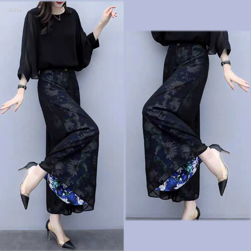 

2 piece sets womens outfits temperament slim large size women's two-piece womens Chiffon suit interior printed wide-leg pants