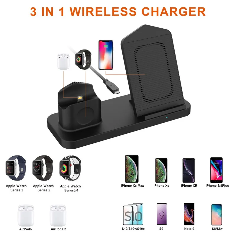 3 в 1 держатель беспроводного зарядного устройства для Apple Watch для iPhone X XS XR MAX 7 8 Plus зарядная док-станция для Airpods Charge базовая станция