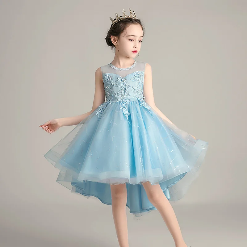 Детское платье для свадебной вечеринки HT020 голубое девочки бальное с аппликацией